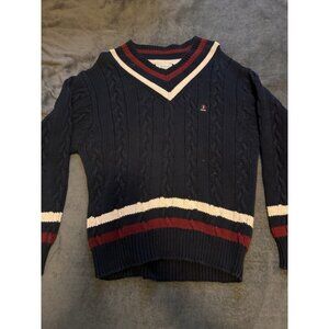 Izod Lacoste Tennis Sweater Chunky Cable Knit V Neck Golf Cricket Vintage 80s L
